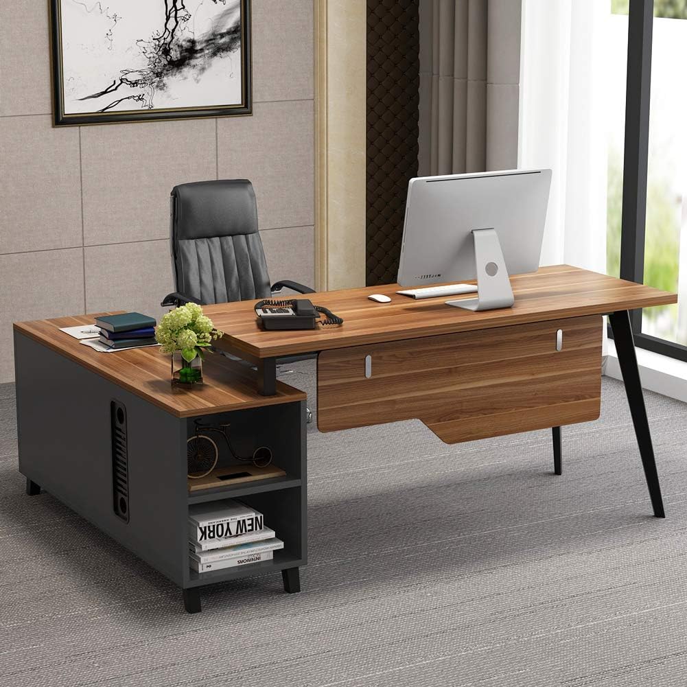 L-Shaped Desk with Storage Shelves and File Cabinet D248811