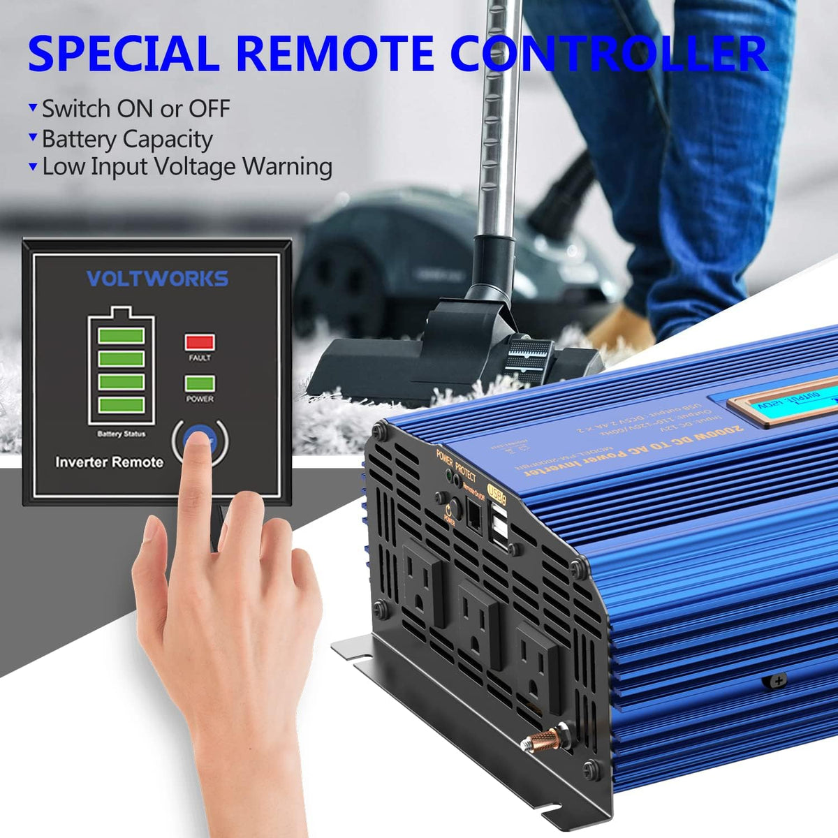 2000W Modified Sine Wave Power Inverter with LCD Display Remote Control 3AC Outlets Dual USB Ports G68138