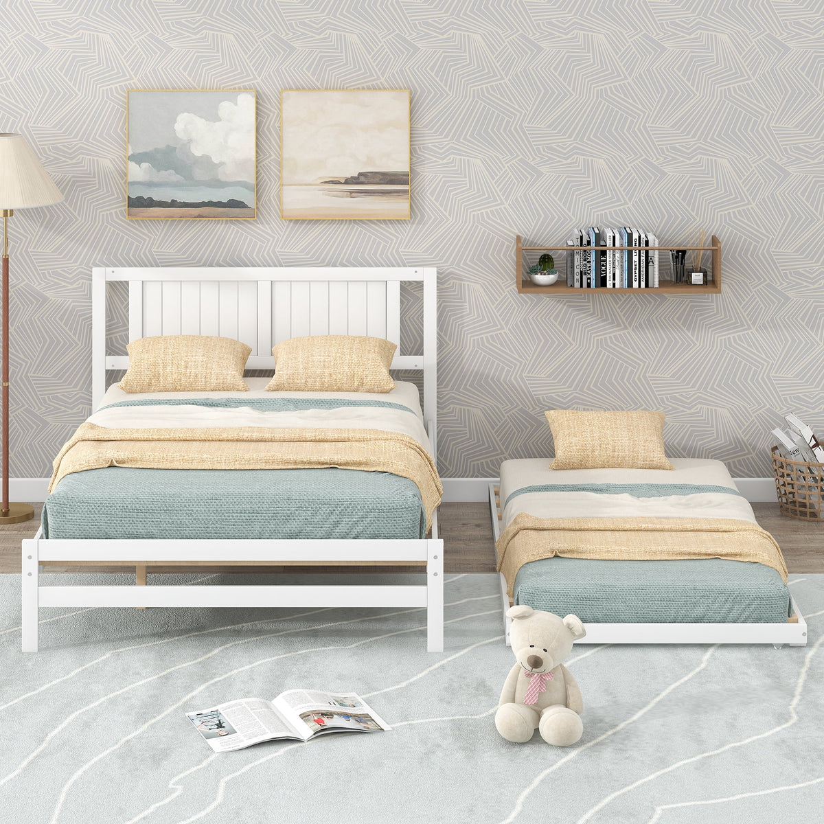 White Full Size Wood Platform Bed with Adjustable Trundle and Headboard Y88455