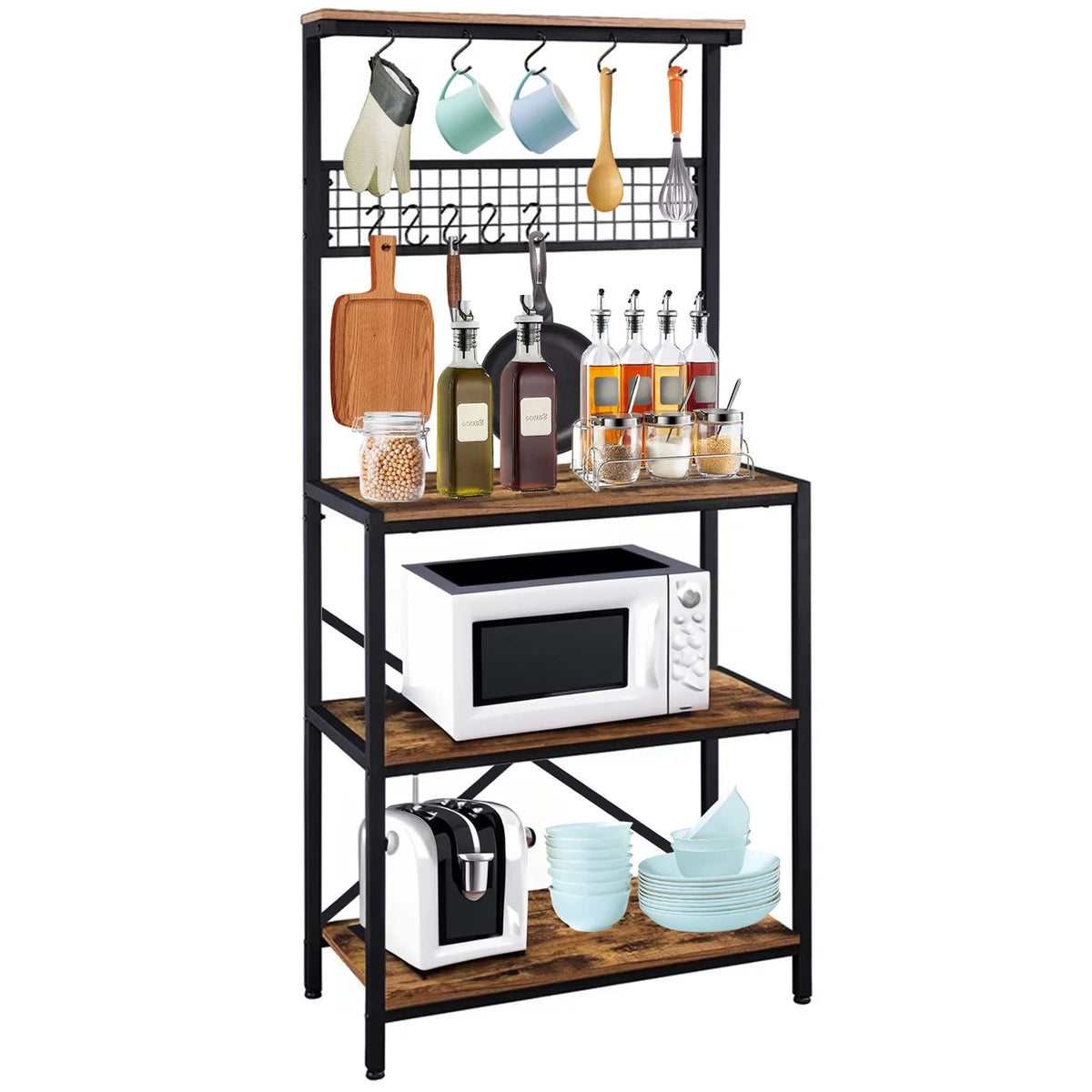 Baker's Rack Kitchen Island with Hooks Microwave Stand Y302706