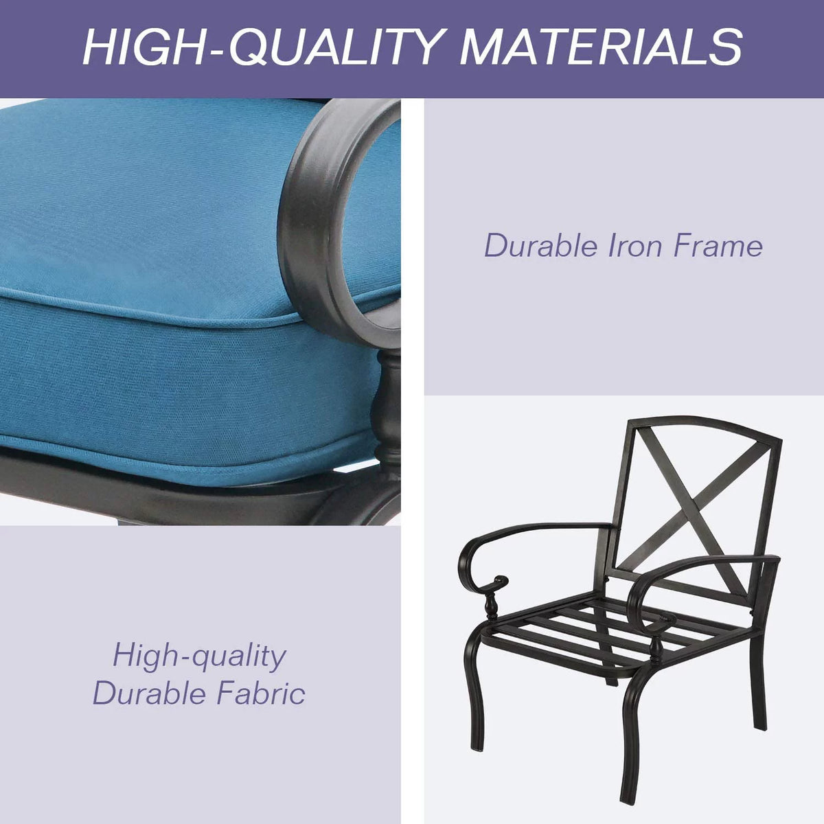 Patio Chairs Outdoor Wrought Iron Dining Chairs with Peacock Blue Cushions, Set of 2 H9997