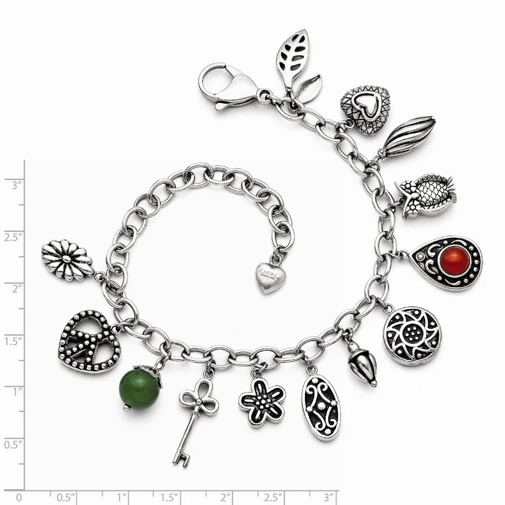 Stainless Steel Synthetic Jade & Red Glass Charm Bracelet U104208