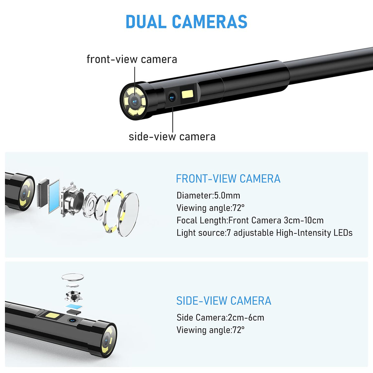 Triple Lens Industrial Endoscope Camera with 4.3'' IPS Screen 1080P HD Waterproof I40357