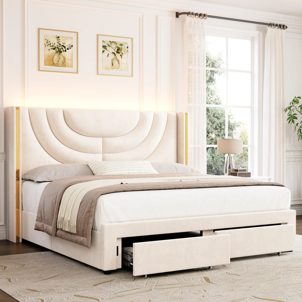 Full Size Velvet Upholstered Platform Bed Frame with 2 Drawers T4180
