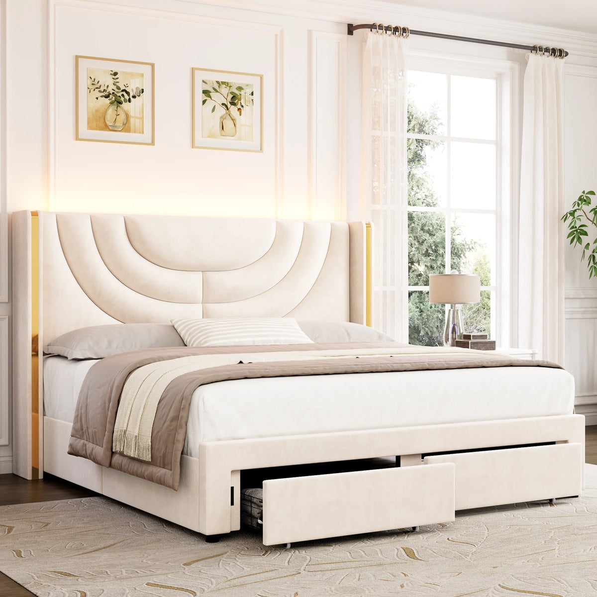 Full Size Velvet Upholstered Platform Bed Frame with 2 Drawers T4180