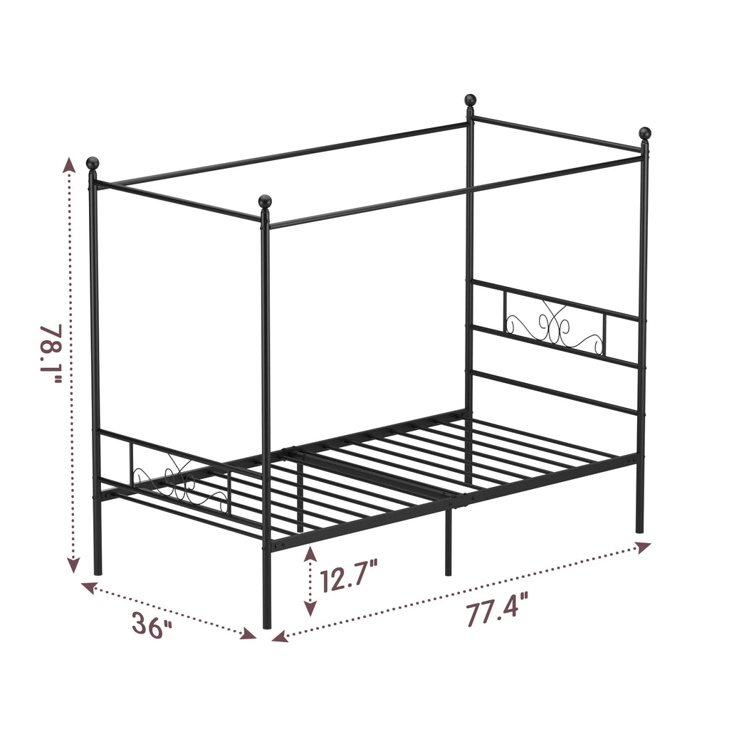 Twin Size 4-Post Canopy Bed Frame Metal Platform with Headboard Footboard Black M66327