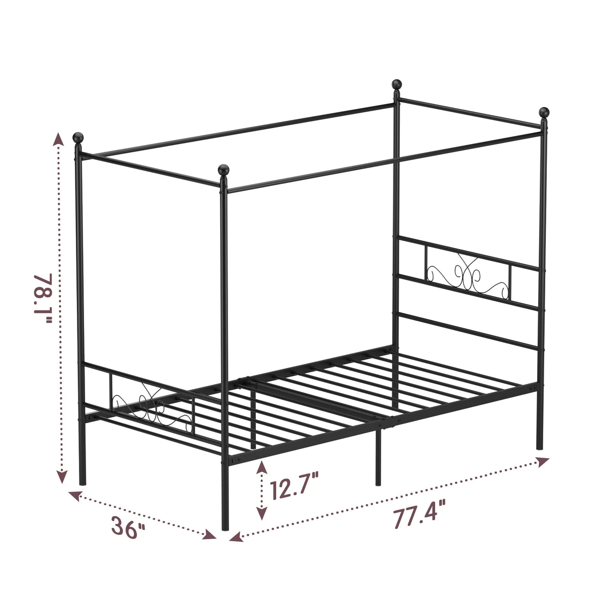 Twin Size 4-Post Canopy Bed Frame Metal Platform with Headboard Footboard Black M66327