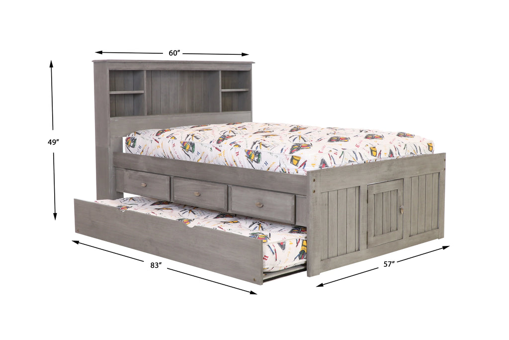 Charcoal Gray Solid Pine Full Captains Bookcase Bed with 3 Drawers and Twin Trundle I352