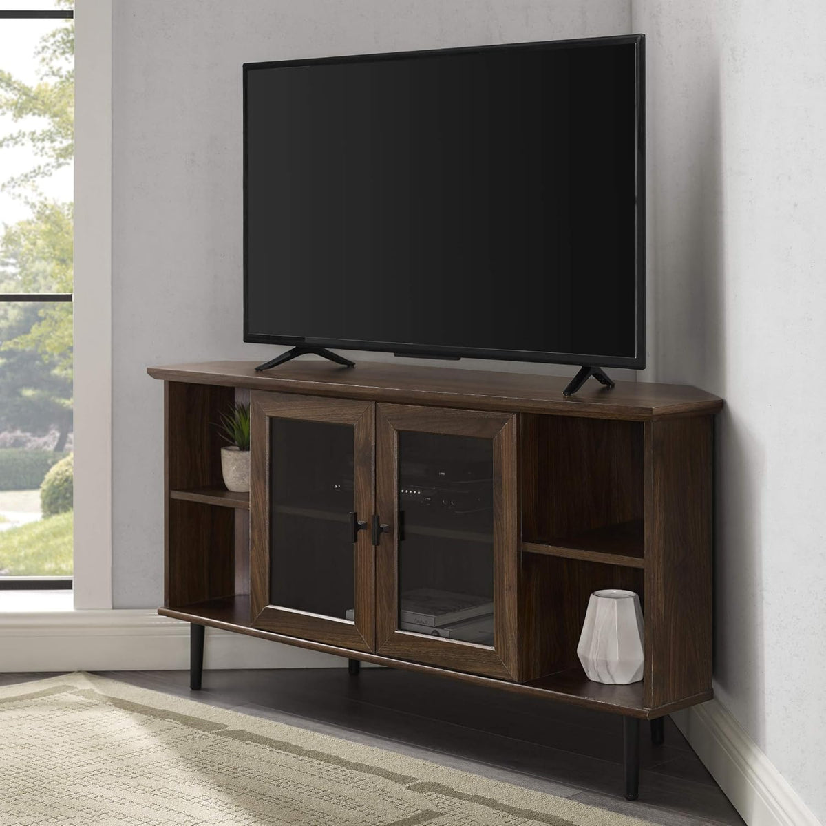 Dark Walnut 48 Inch Wood Corner TV Stand with Glass Cabinet Doors H9237