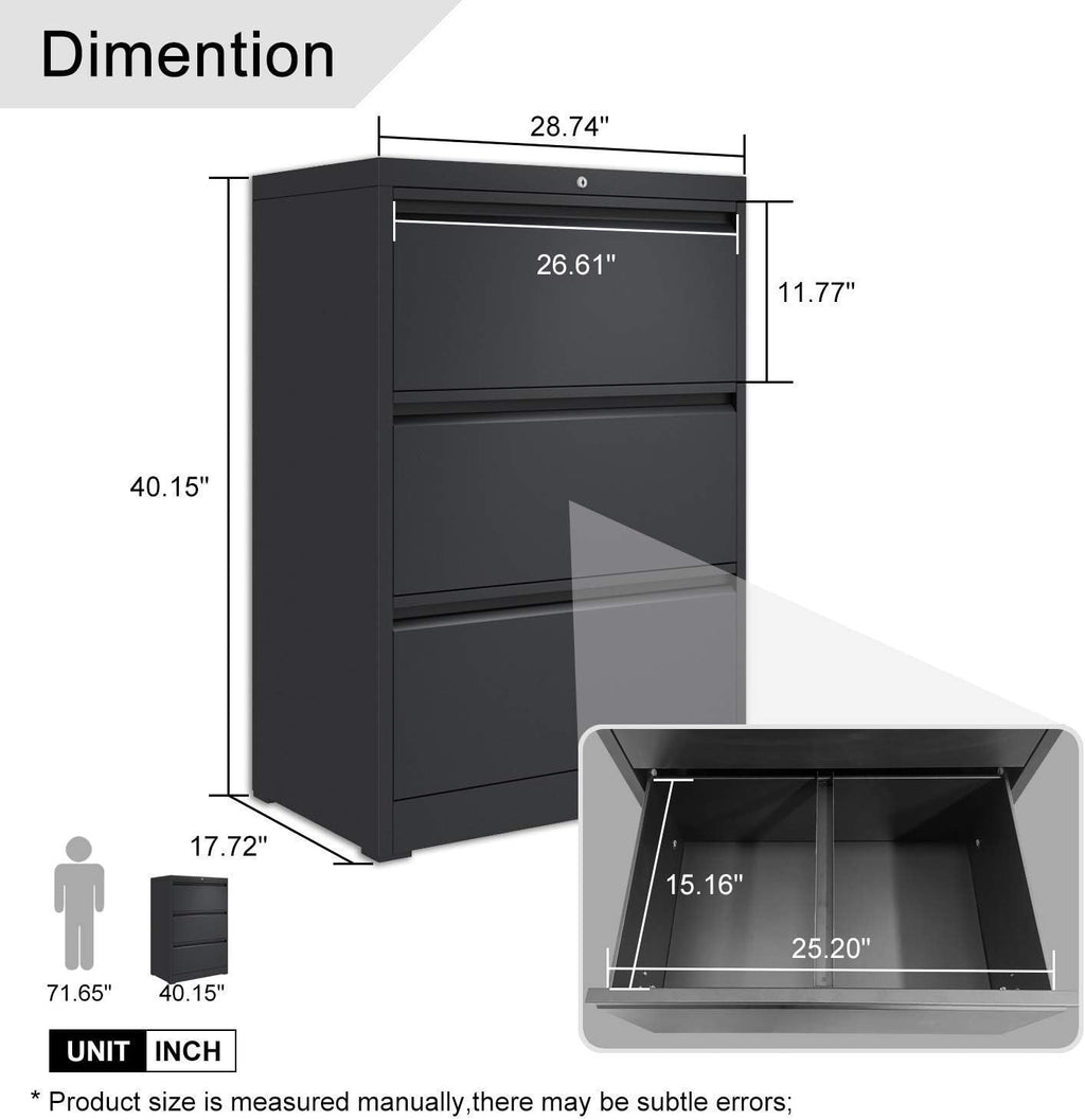 Black 3 Drawer Metal Lateral Filing Cabinet U2107