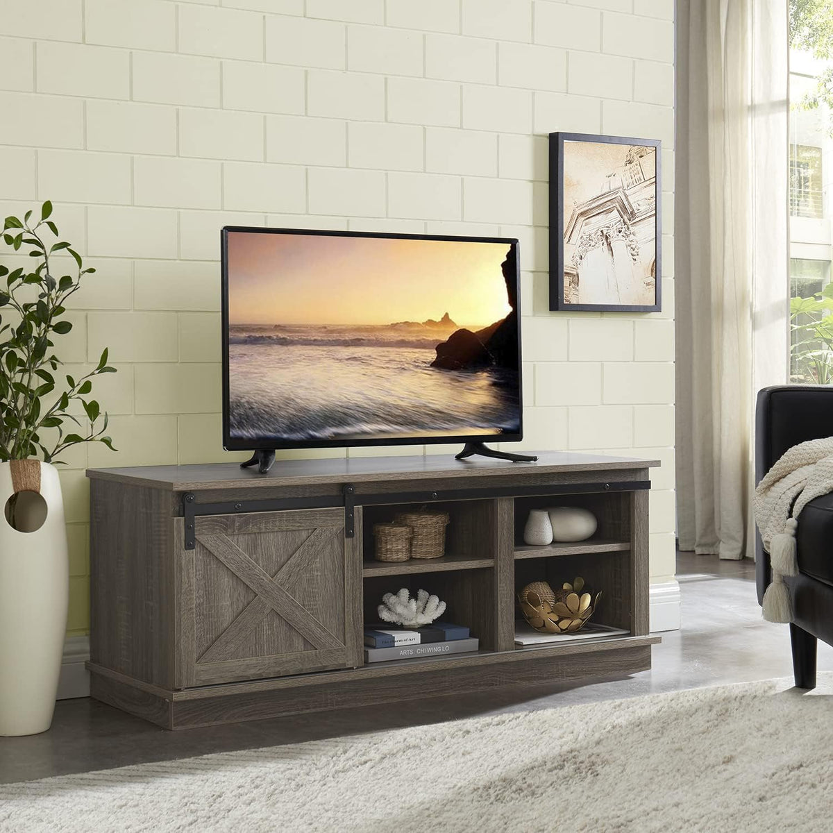 Grey Sliding Barn Door TV Stand with Storage Cabinet D576722