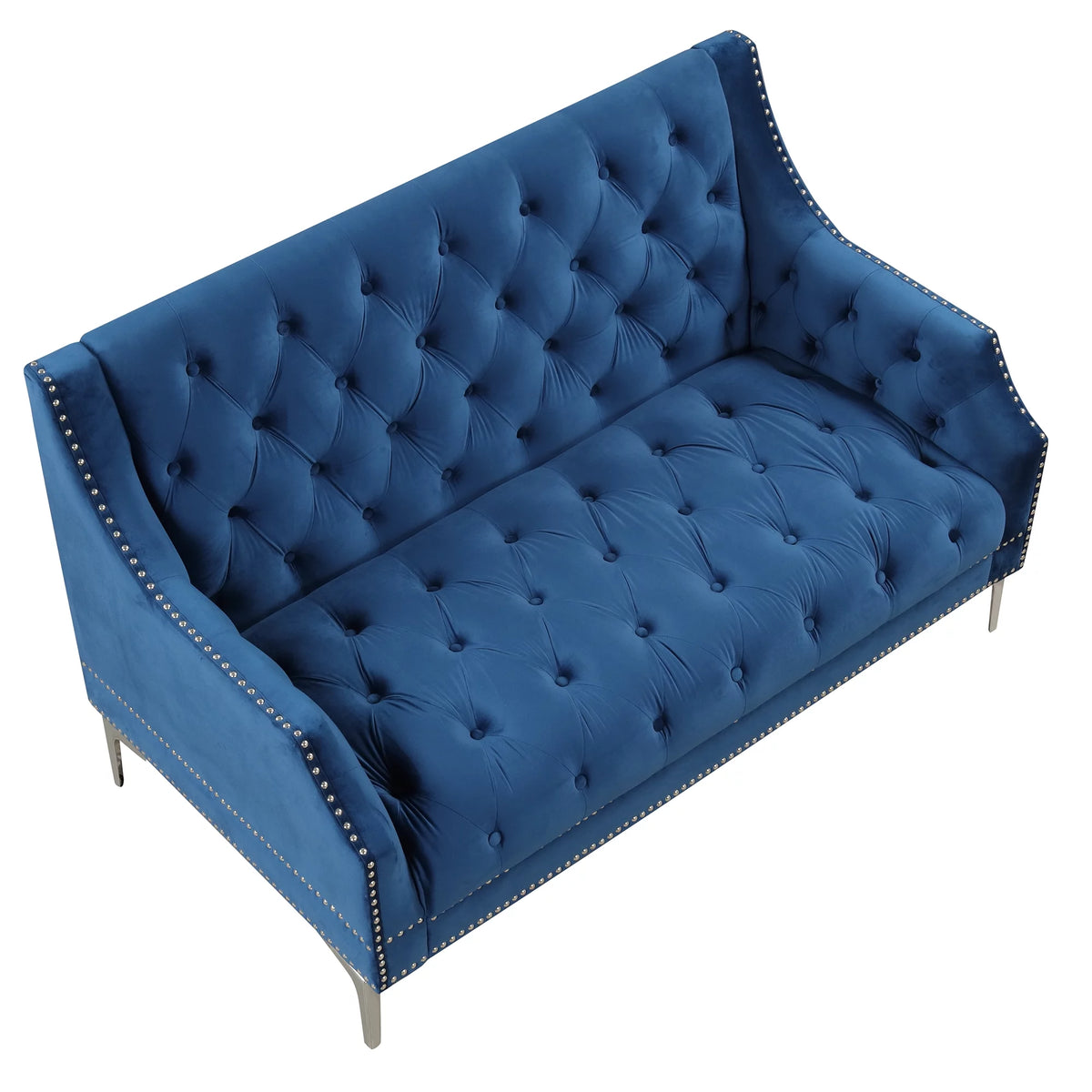 Blue Tufted Plush Upholstered Sofa with Metal Legs P637750