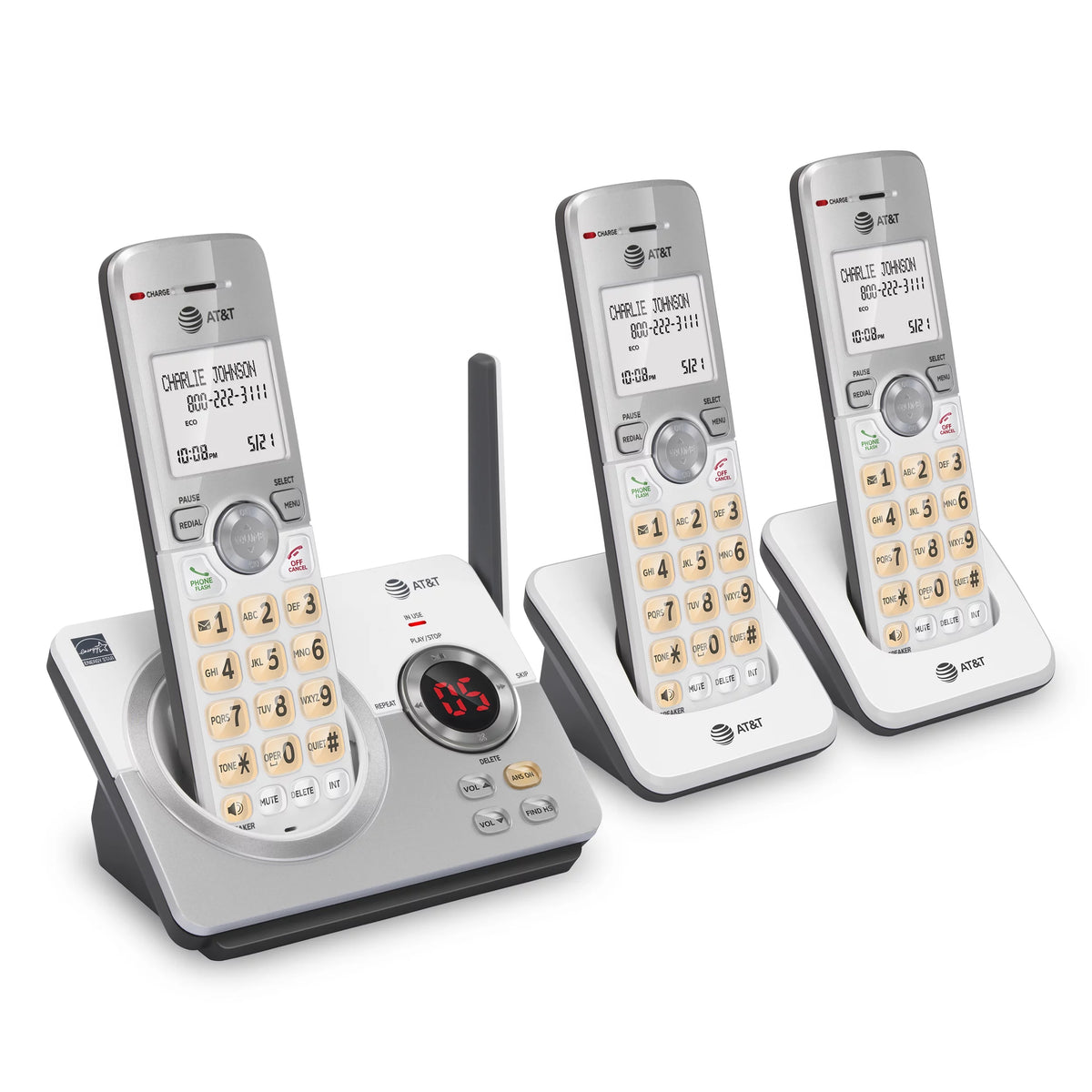 Expandable Cordless Phone with Answering System and Caller ID, 3 Handsets, White/Silver R416
