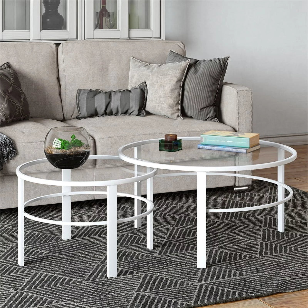 2 Piece Nested Metal & Glass Coffee Table in White H3759