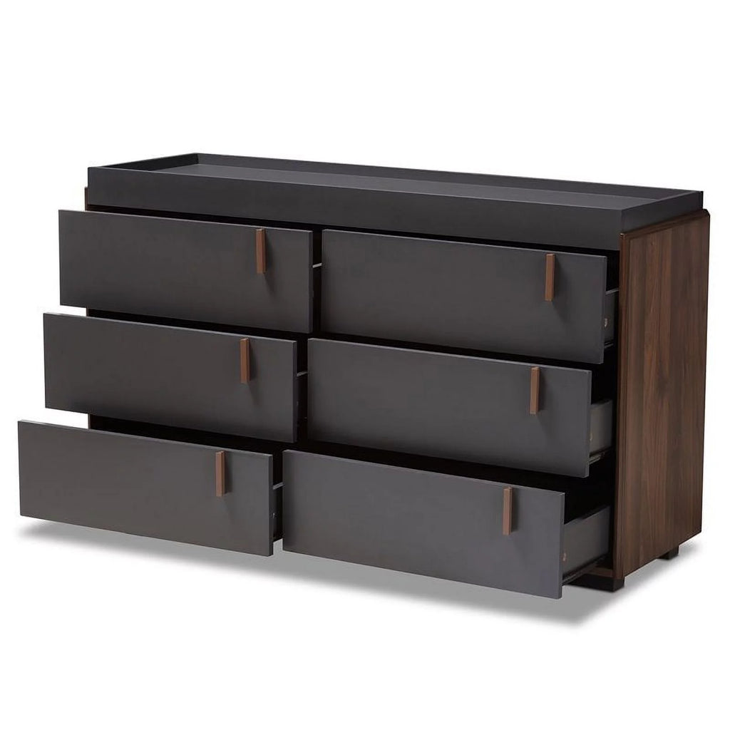 Gray and Walnut 6-Drawer Wood Dresser P4516