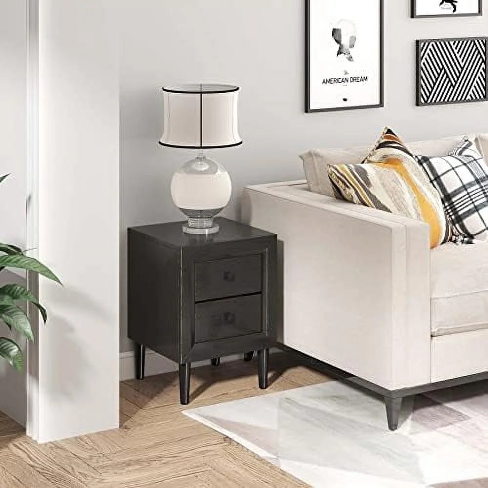 White Nightstand Set of 2 2-Drawer Bedside Tables with Solid Wood Legs K4110