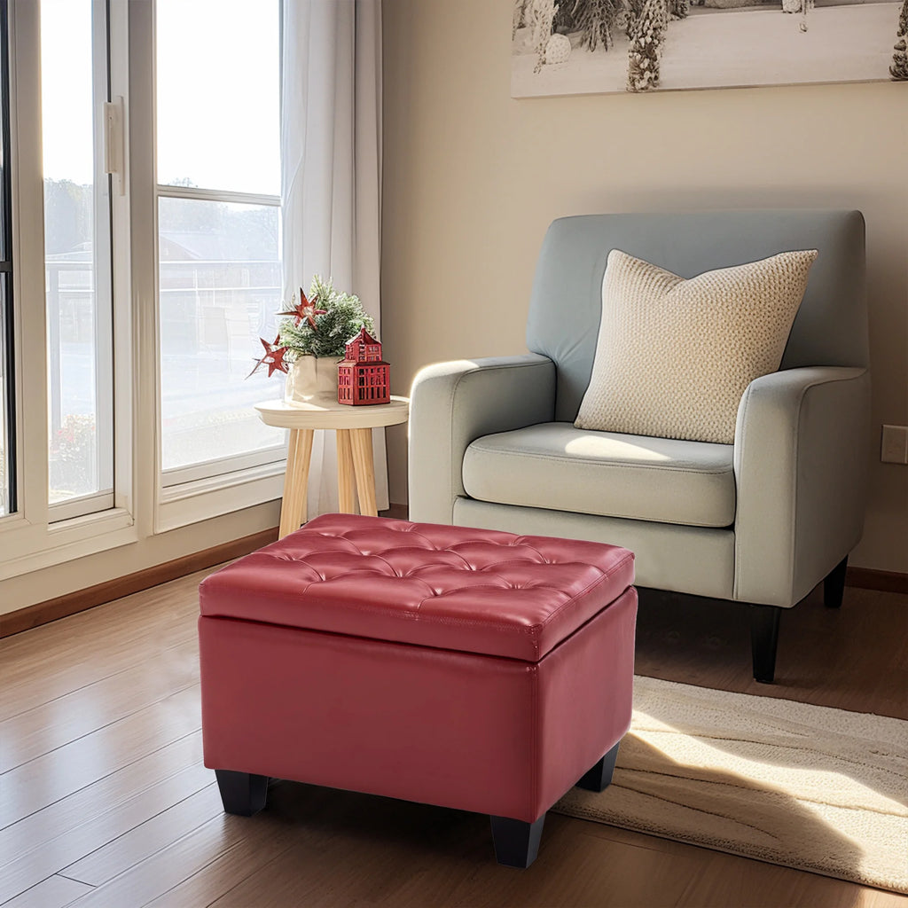 Red Faux Leather Tufted Storage Ottoman X89016
