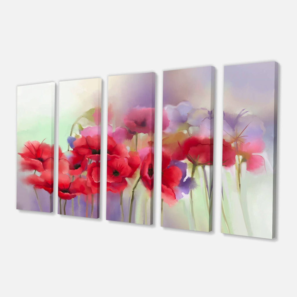 Watercolor Red Poppy Flowers 5 Piece Canvas Painting Set V846466