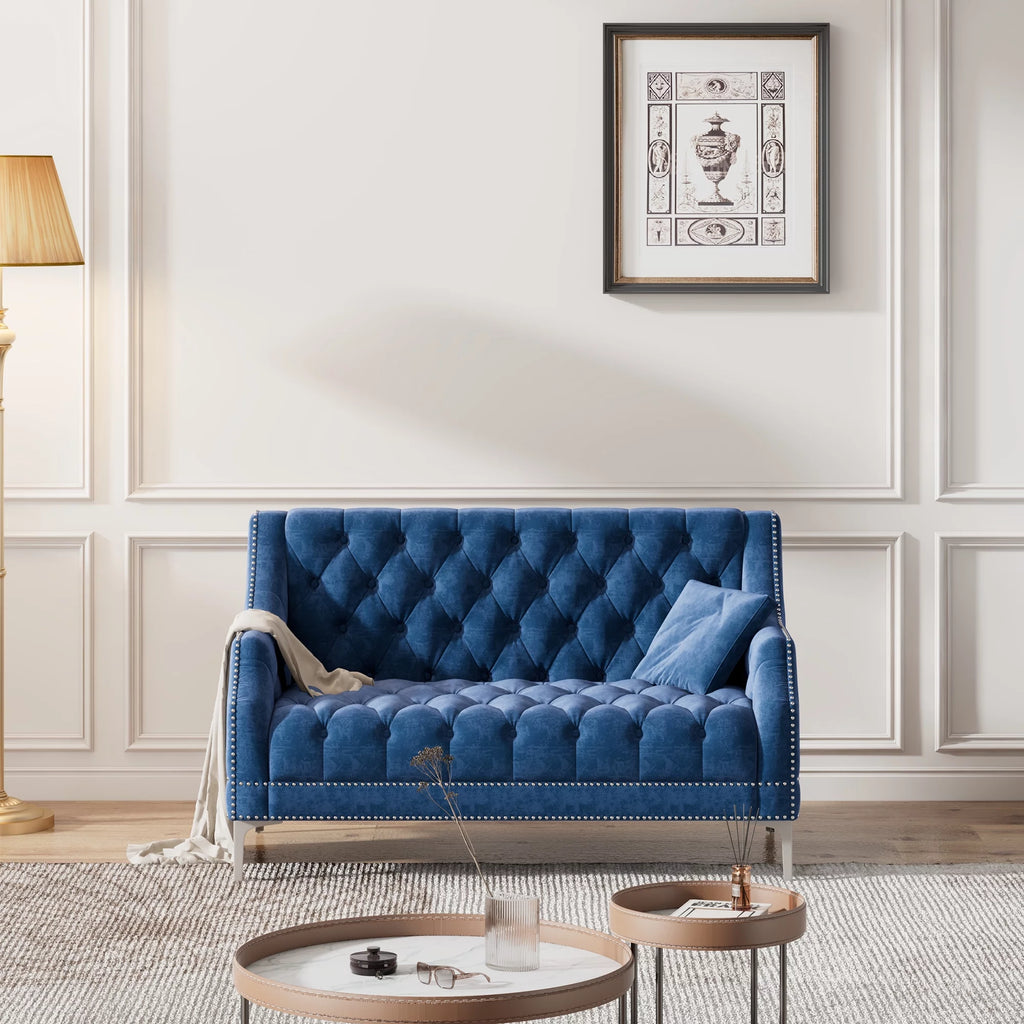 Blue Tufted Plush Upholstered Sofa with Metal Legs P637750