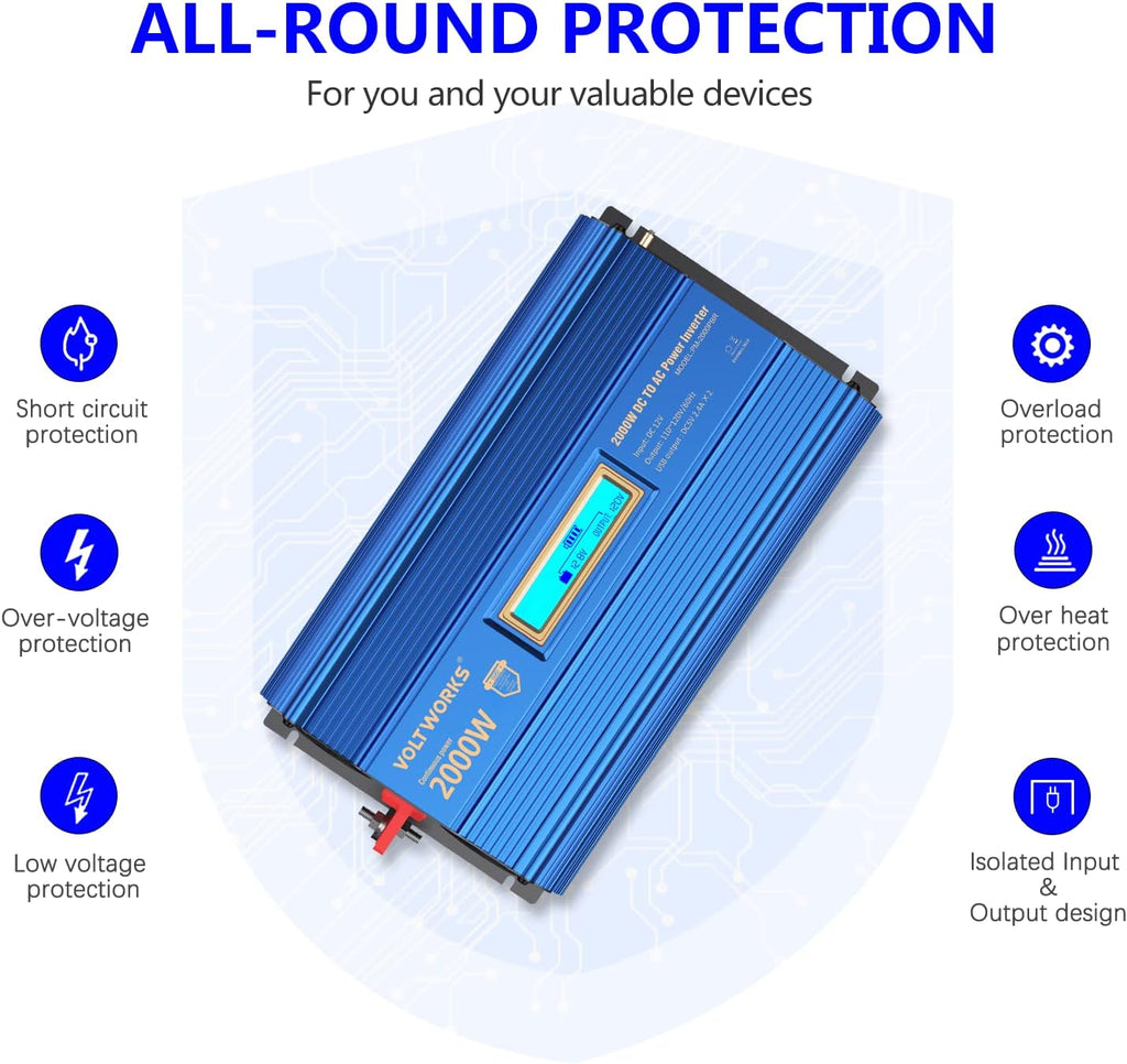 2000W Modified Sine Wave Power Inverter with LCD Display Remote Control 3AC Outlets Dual USB Ports G68138