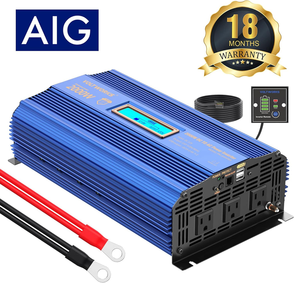 2000W Modified Sine Wave Power Inverter with LCD Display Remote Control 3AC Outlets Dual USB Ports G68138