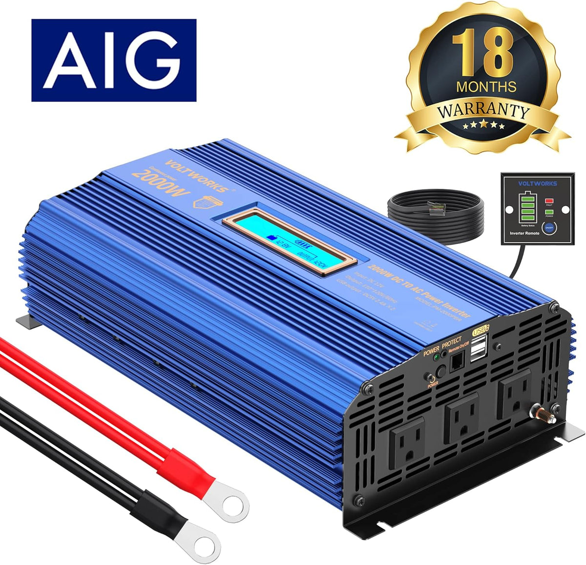 2000W Modified Sine Wave Power Inverter with LCD Display Remote Control 3AC Outlets Dual USB Ports G68138
