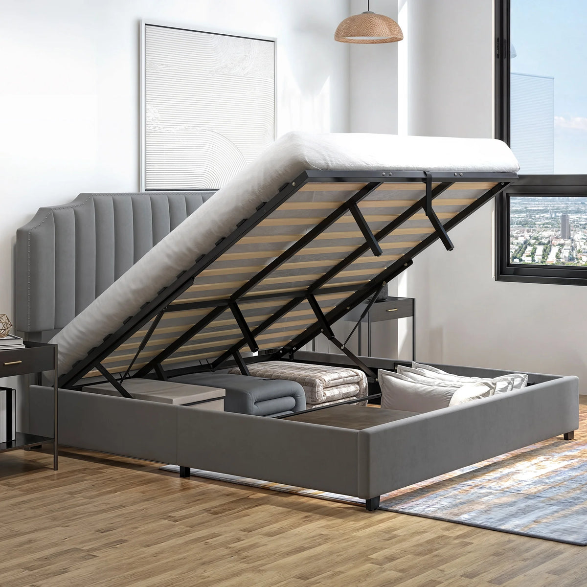 King Lift Up Storage Velvet Upholstered Platform Bed Frame O638550