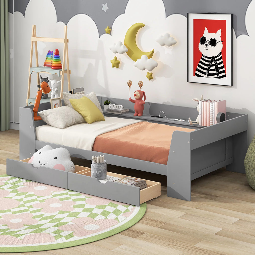Twin Size Daybed with Shelf, Drawers and Charging Station, Gray B6388