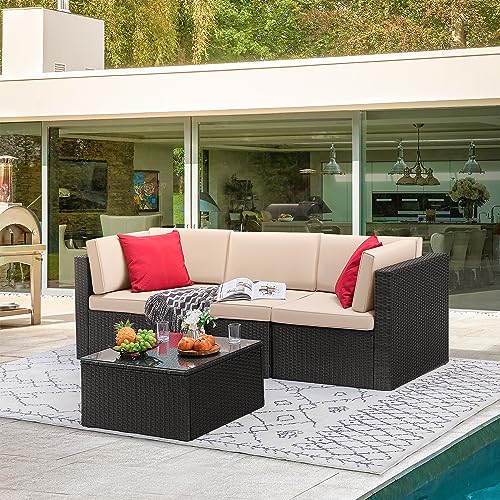 6 Piece Rattan Wicker Patio Sofa Set with Glass Table and Cushion U6066