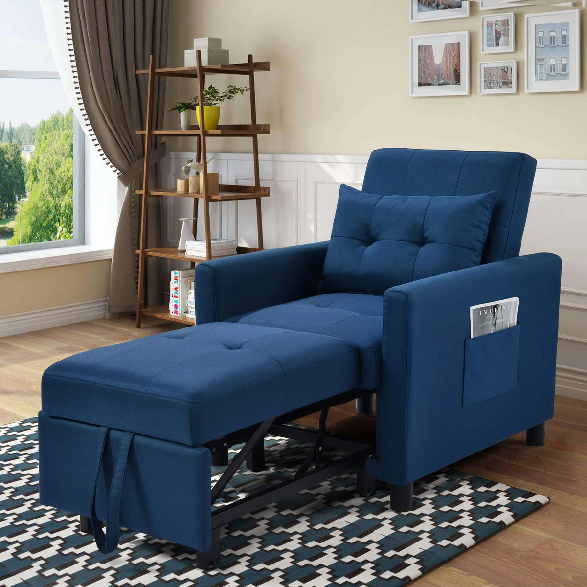 Blue Convertible Single Sofa Bed with Pull Out Sleeper P1246