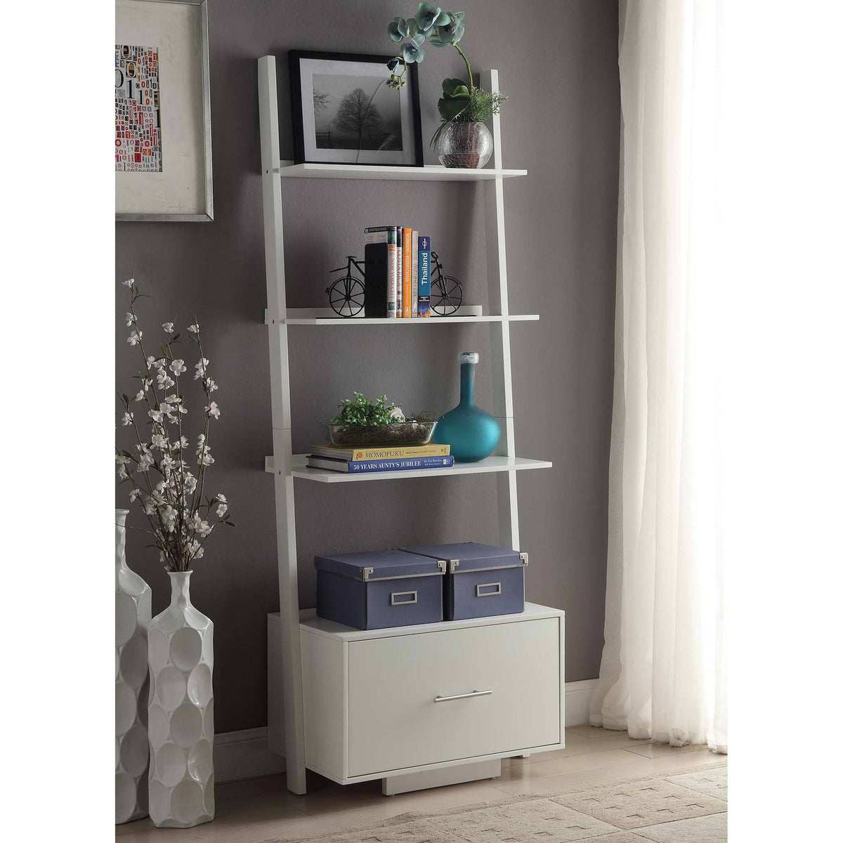 Espresso Ladder Bookcase with File Drawer W12138