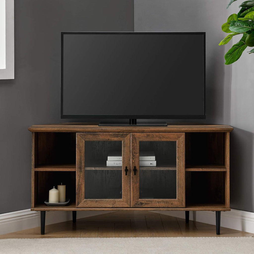 Dark Walnut 48 Inch Wood Corner TV Stand with Glass Cabinet Doors H9237