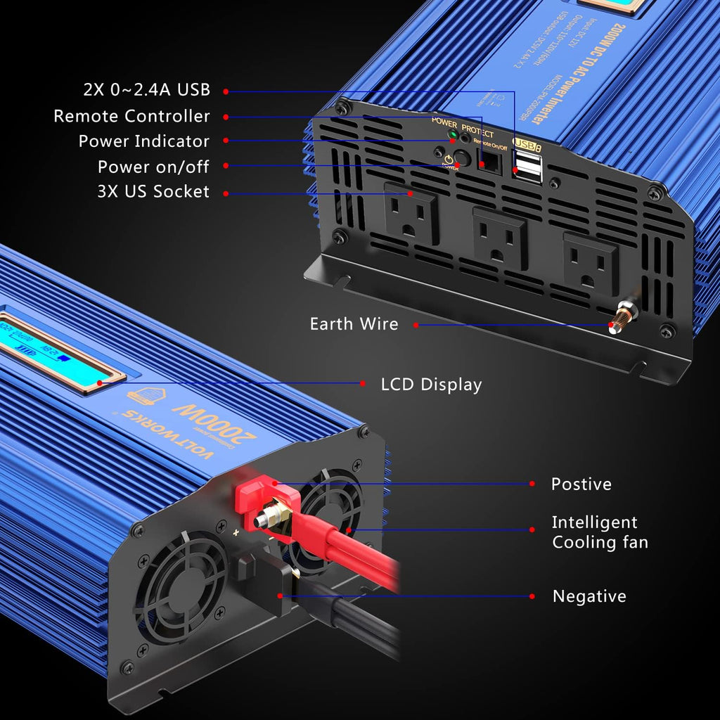 2000W Modified Sine Wave Power Inverter with LCD Display Remote Control 3AC Outlets Dual USB Ports G68138