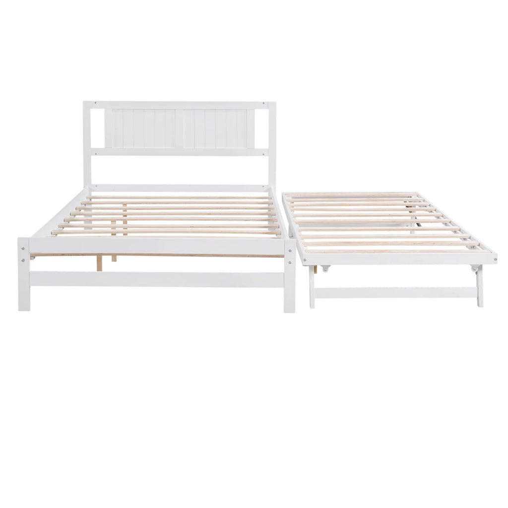 White Full Size Wood Platform Bed with Adjustable Trundle and Headboard Y88455