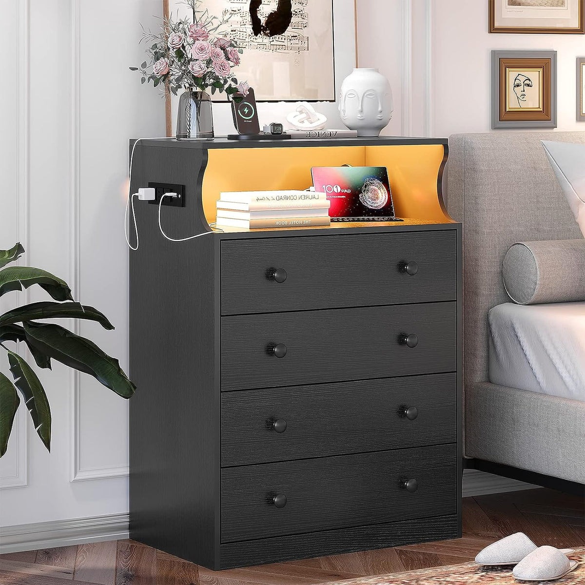 Black 4 Drawer Dresser with Charging Station U5947