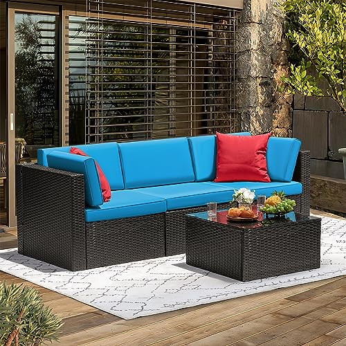 6 Piece Rattan Wicker Patio Sofa Set with Glass Table and Cushion U6066