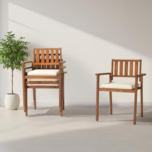 Acacia Wood Stackable Patio Dining Chairs Set of 4 with Cushions A992