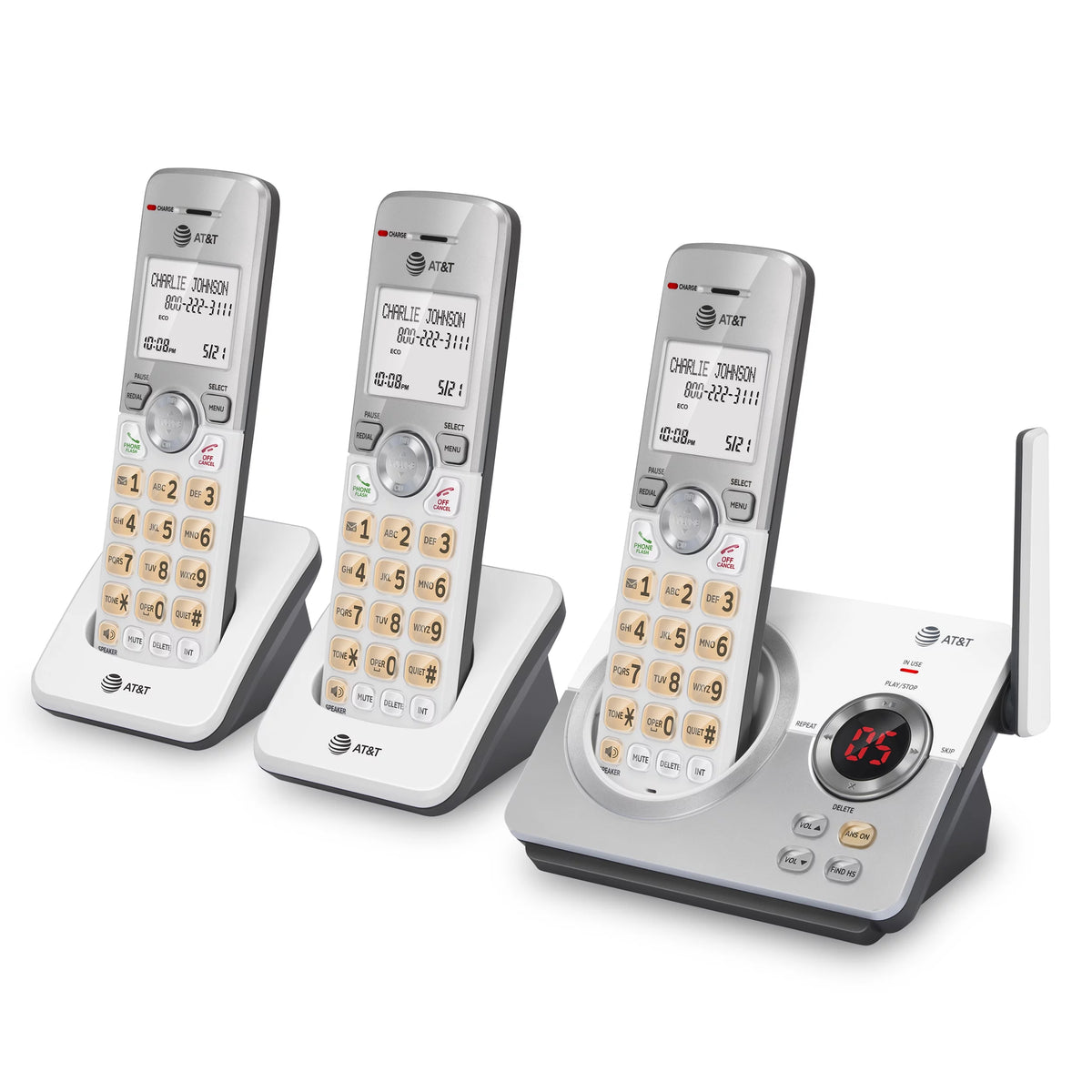 Expandable Cordless Phone with Answering System and Caller ID, 3 Handsets, White/Silver R416