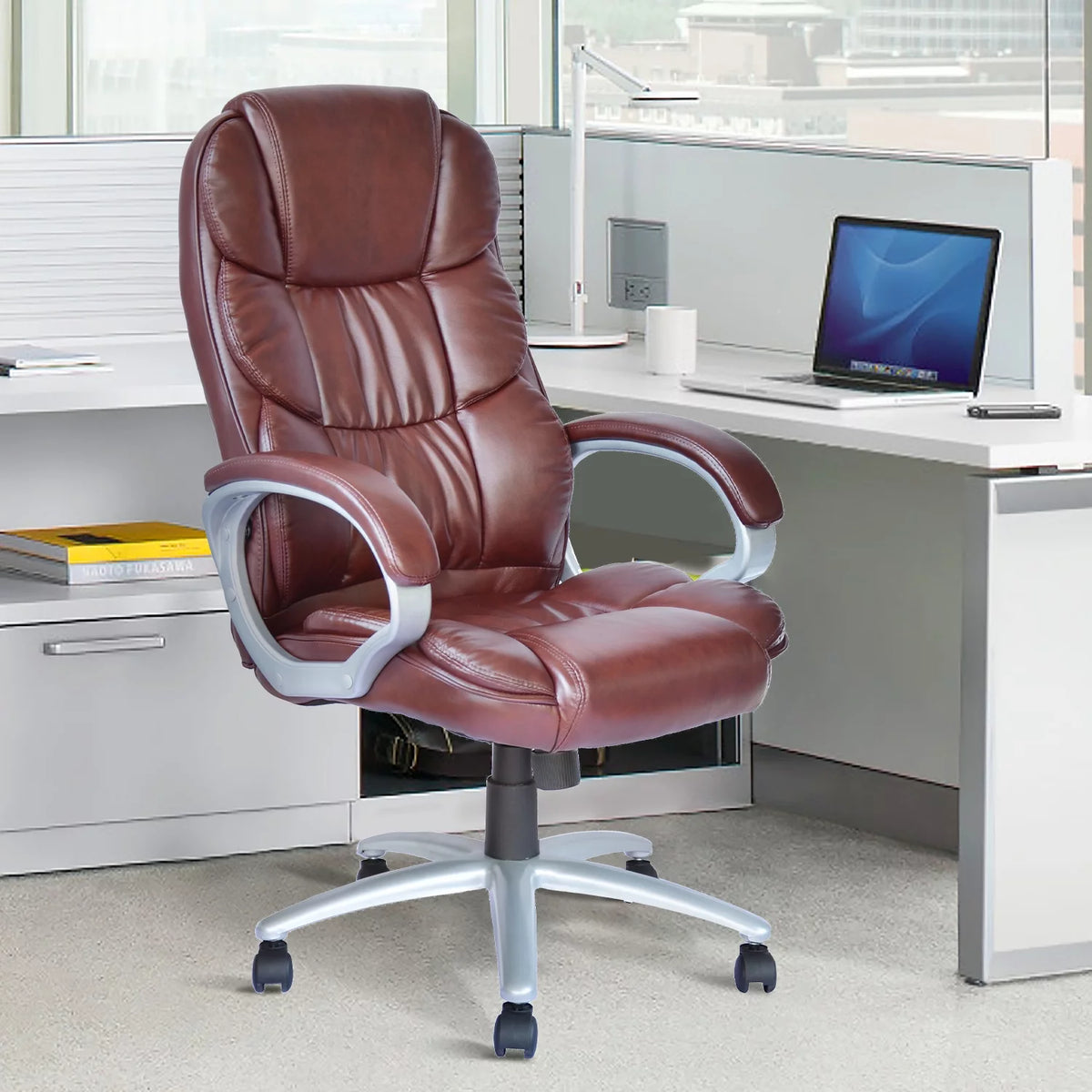 Brown Leather Ergonomic Office Chair with Headrest L11501
