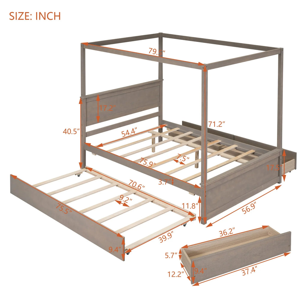 Full Size White Wood Canopy Platform Bed with Trundle Y9066