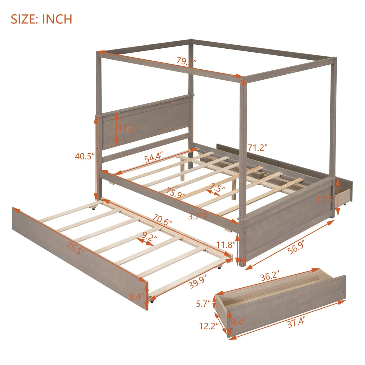 Full Size White Wood Canopy Platform Bed with Trundle Y9066