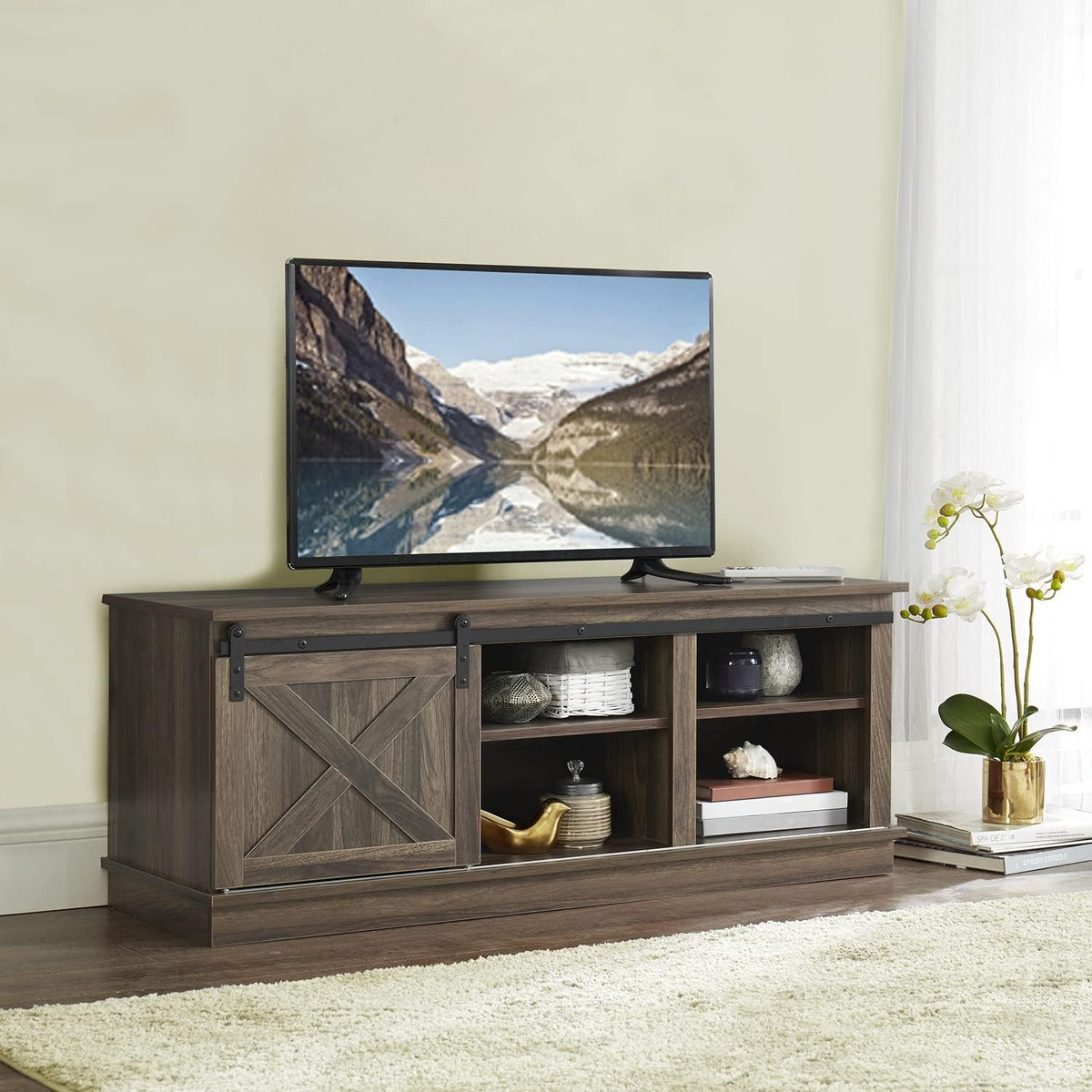 Grey Sliding Barn Door TV Stand with Storage Cabinet D576722