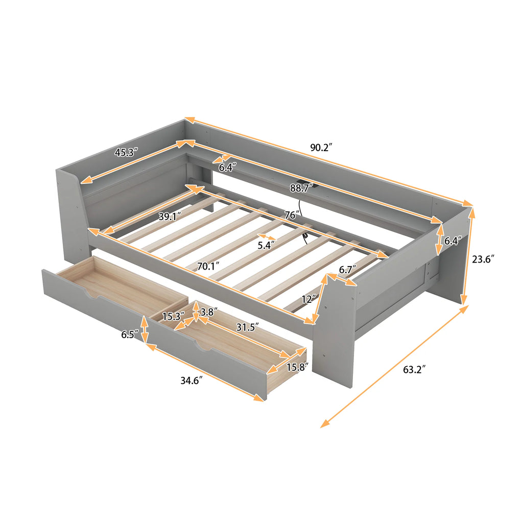 Twin Size Daybed with Shelf, Drawers and Charging Station, Gray B6388