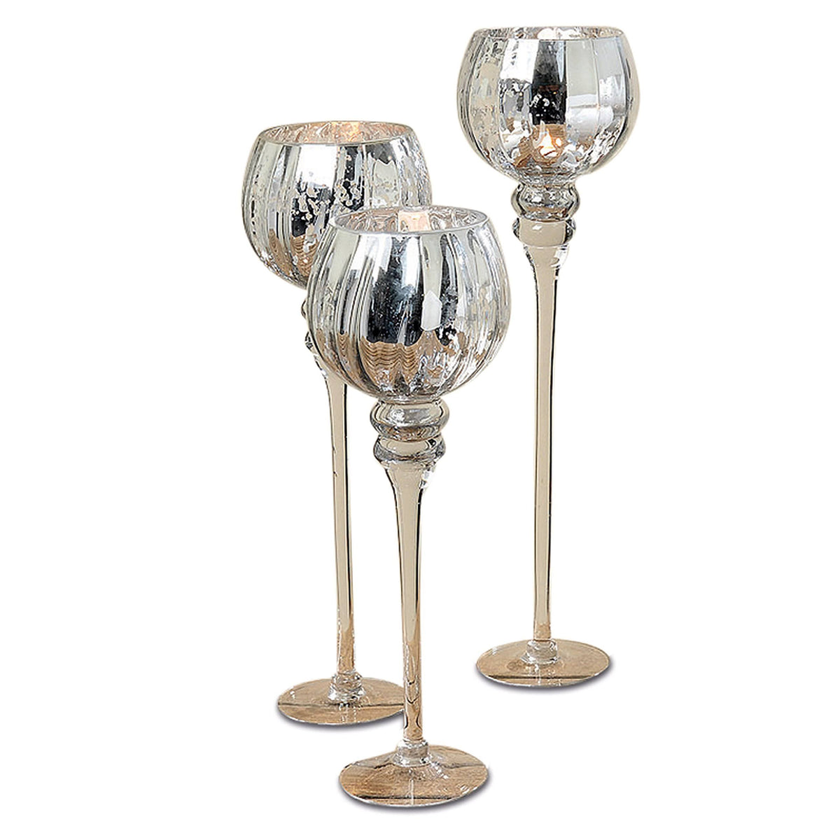 Set of 3 Silver Mercury Glass Candle Holders M393