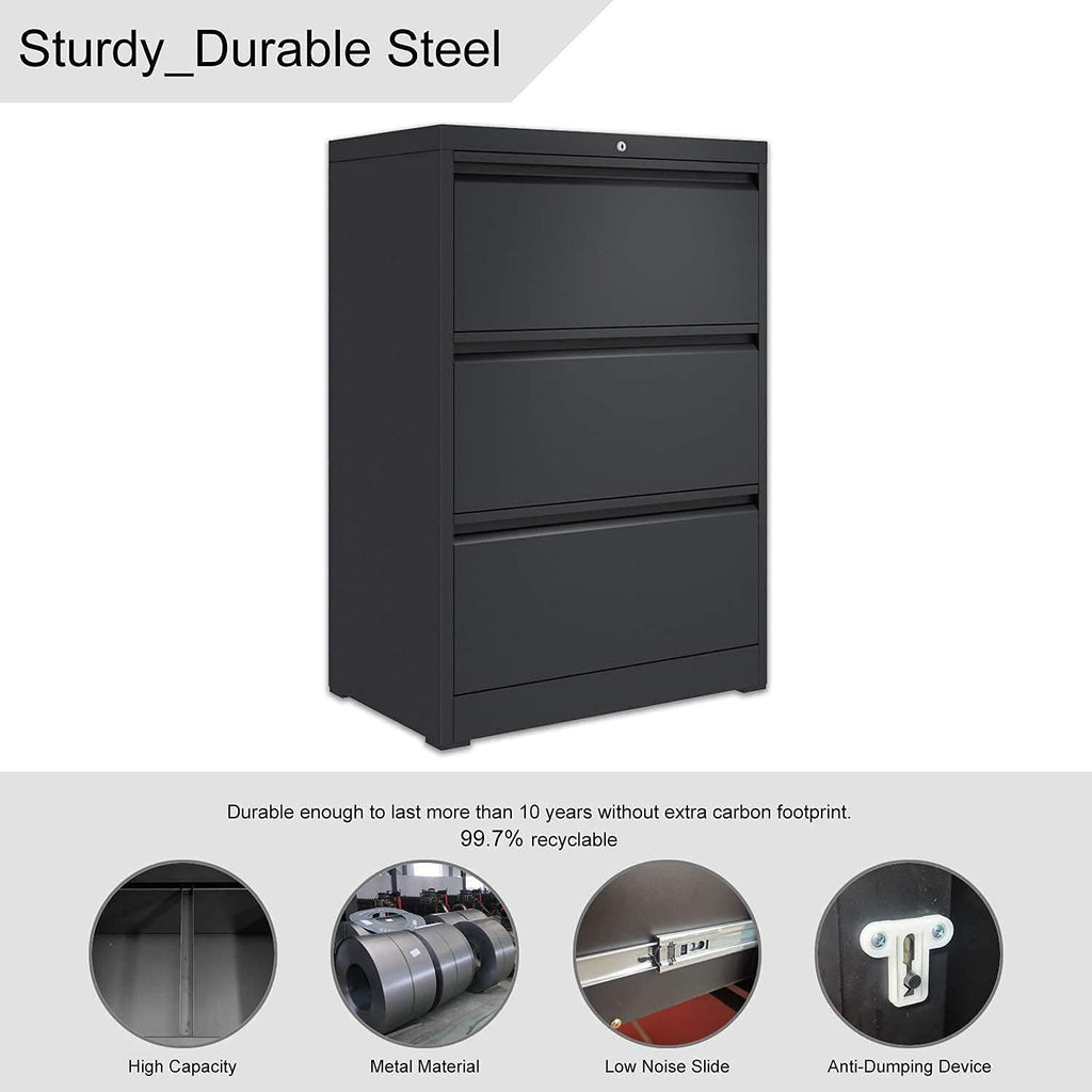 Black 3 Drawer Metal Lateral Filing Cabinet U2107