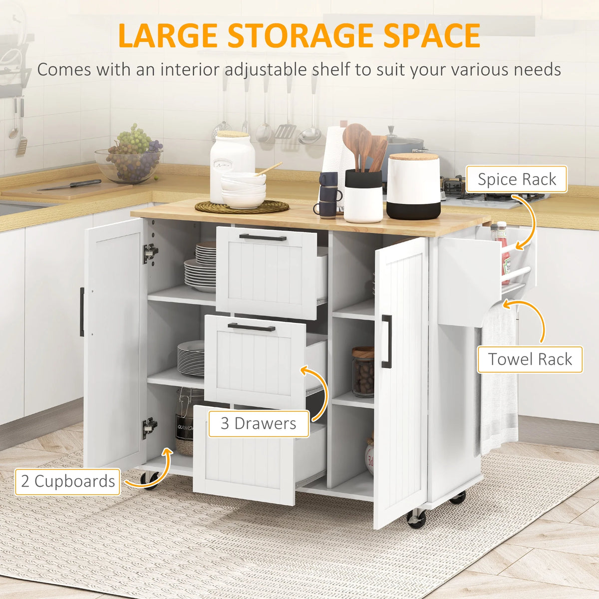 White Kitchen Island on Wheels H284569