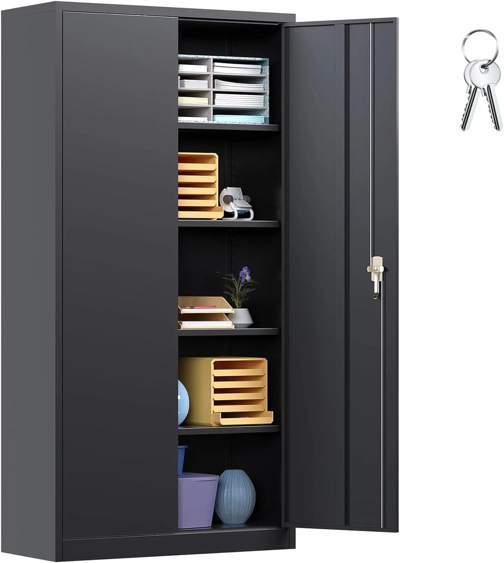 71 In Black Metal Storage Cabinet with Locking Doors and Adjustable Shelves U47255