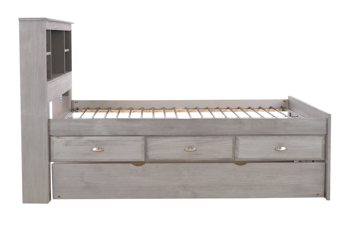 Charcoal Gray Solid Pine Full Captains Bookcase Bed with 3 Drawers and Twin Trundle I352