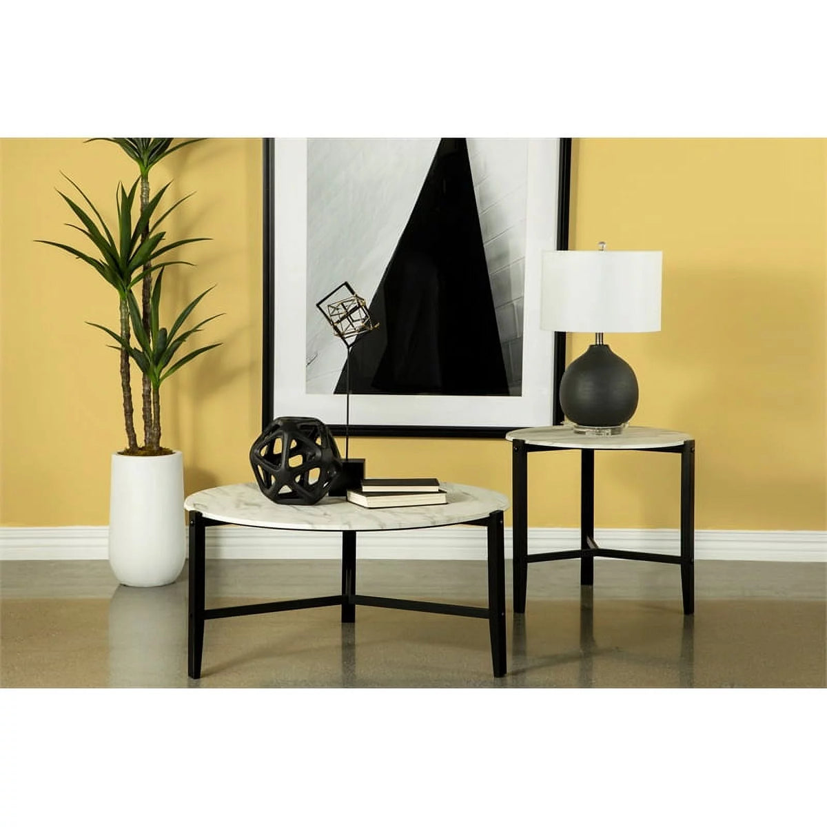 Round Faux White Marble and Black Coffee Table D509