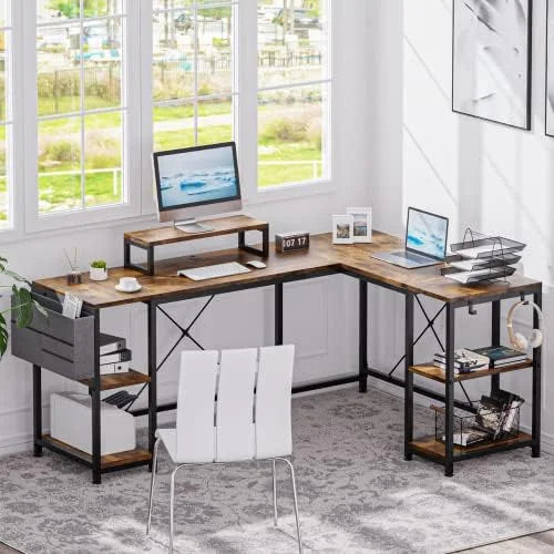 L Shaped Desk with Shelves Monitor Stand Bag Hooks Black B682489